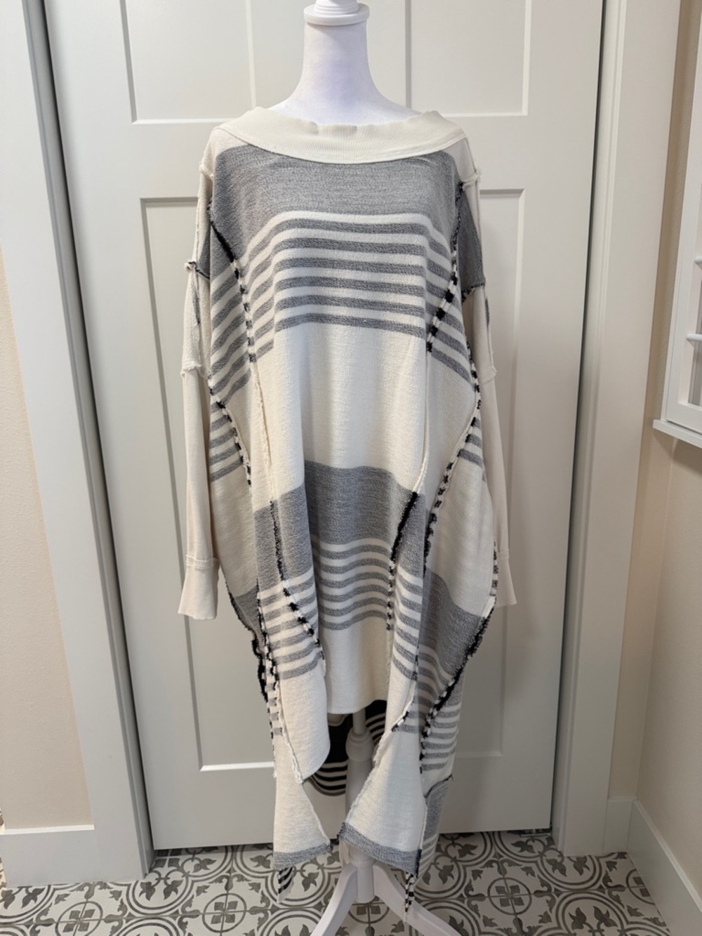 Oversized Striped Knit Sweater Tunic in Cream and Gray